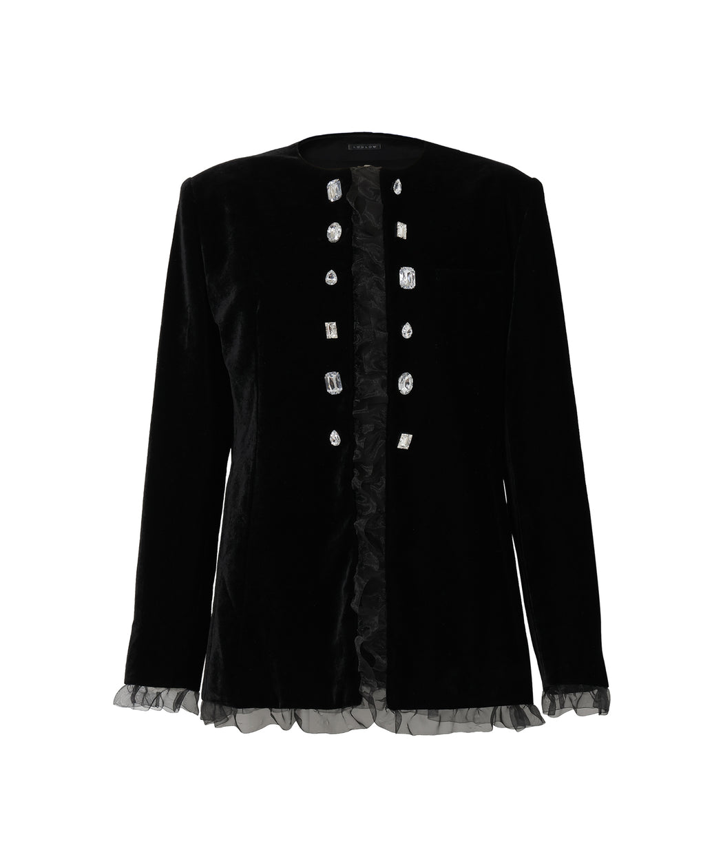 Collarless velvet jacket with bijou