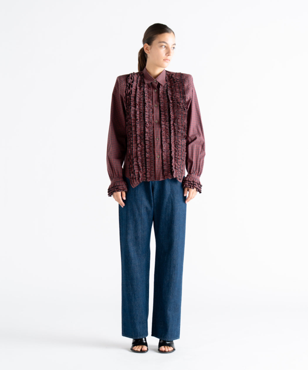 Gathered Frill Check Blouse
