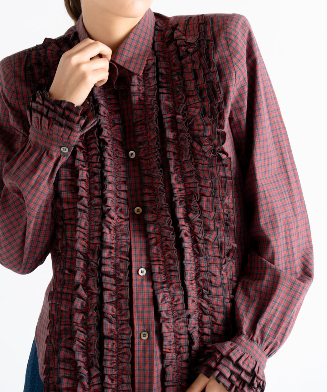 Gathered Frill Check Blouse