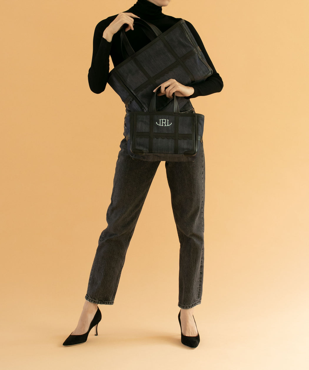 Leather trimmed denim tote M